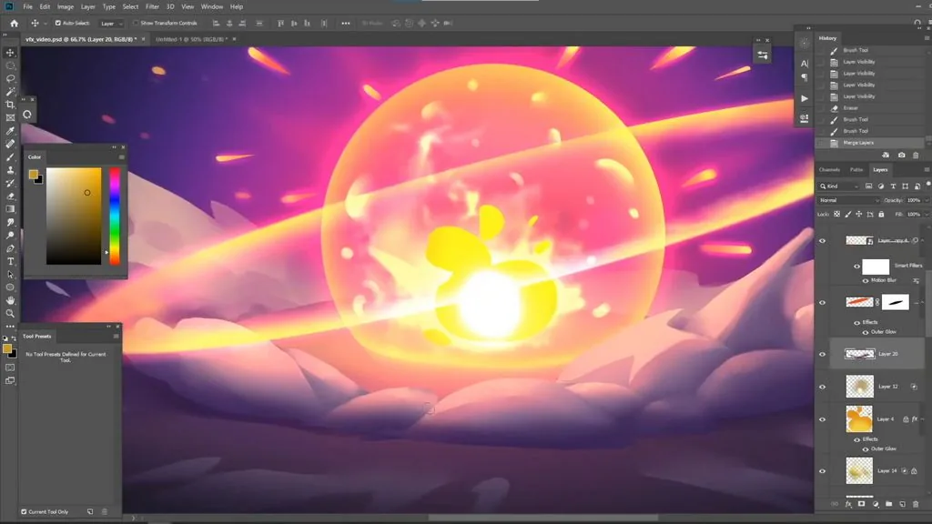 We add several sparks inside the dome in the Color Dodge mode.