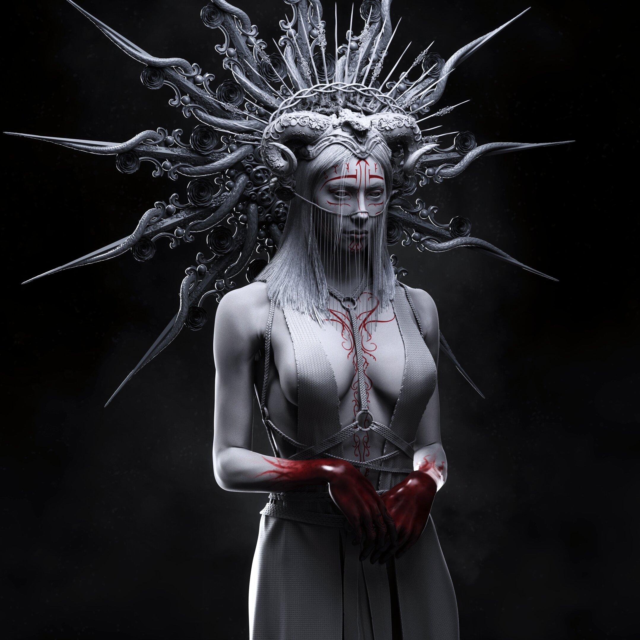 Кровавая 3D женщина, вдохновлённая традиционными шаманскими ритуалами — изображение 1