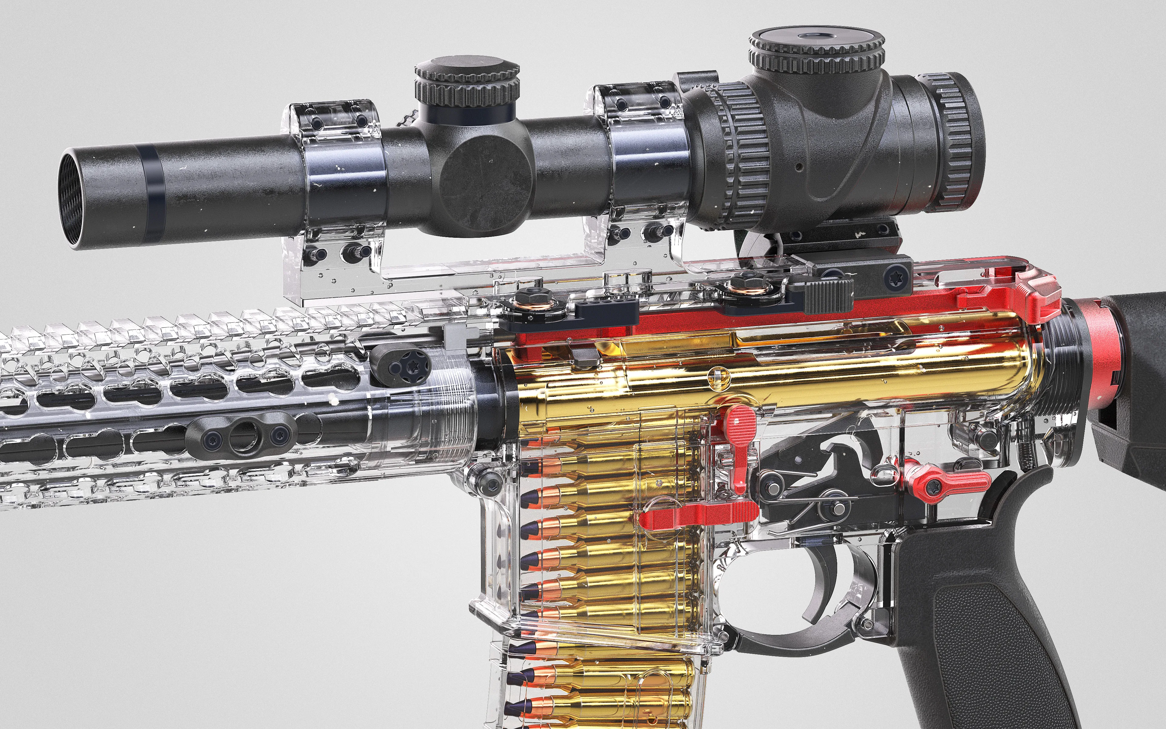 Изучите создание детальной прозрачной штурмовой винтовки Taran Tactical TR-1 из фильма «Джон Уик 2» в 3D — изображение 3