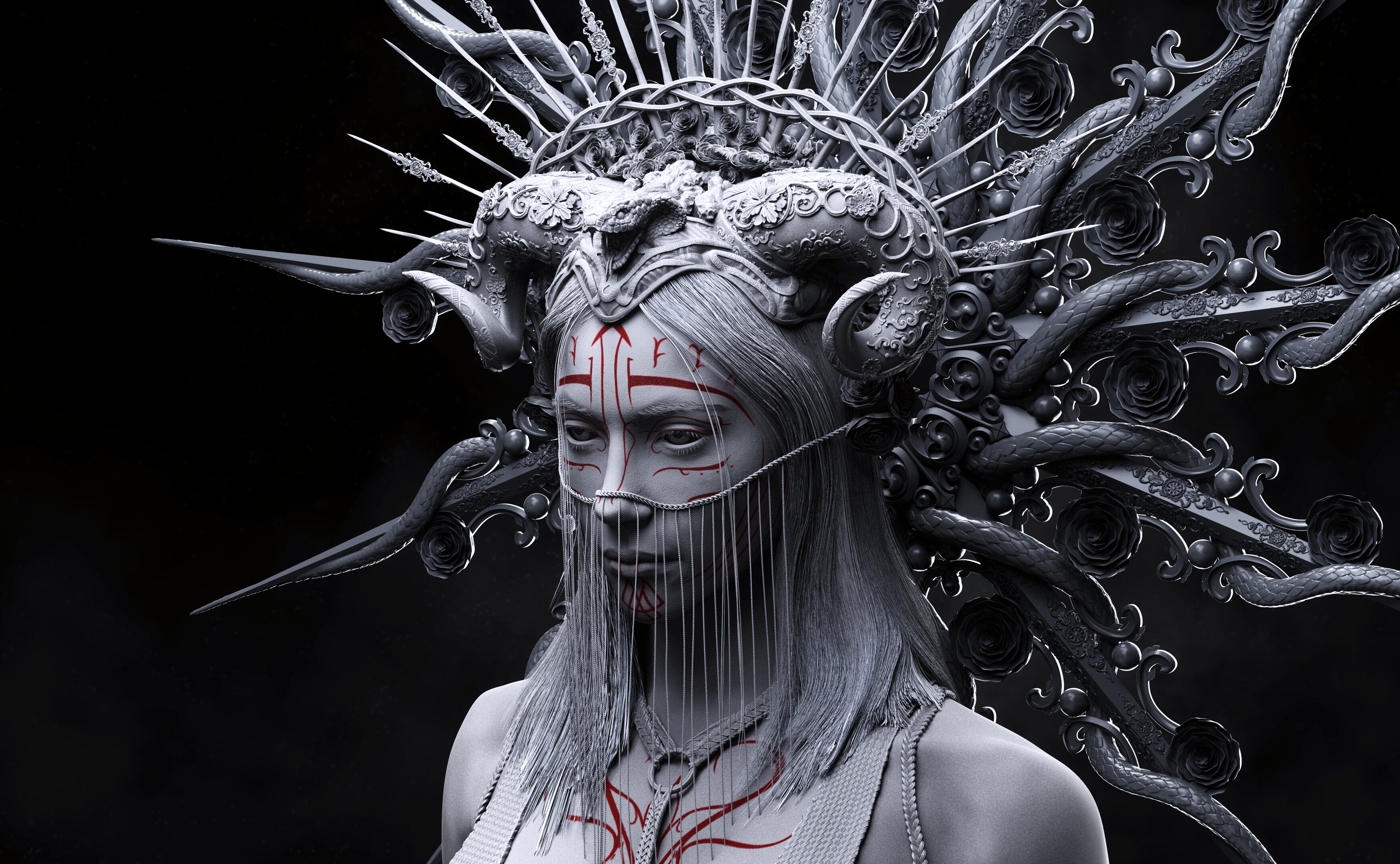 Кровавая 3D женщина, вдохновлённая традиционными шаманскими ритуалами — изображение 3