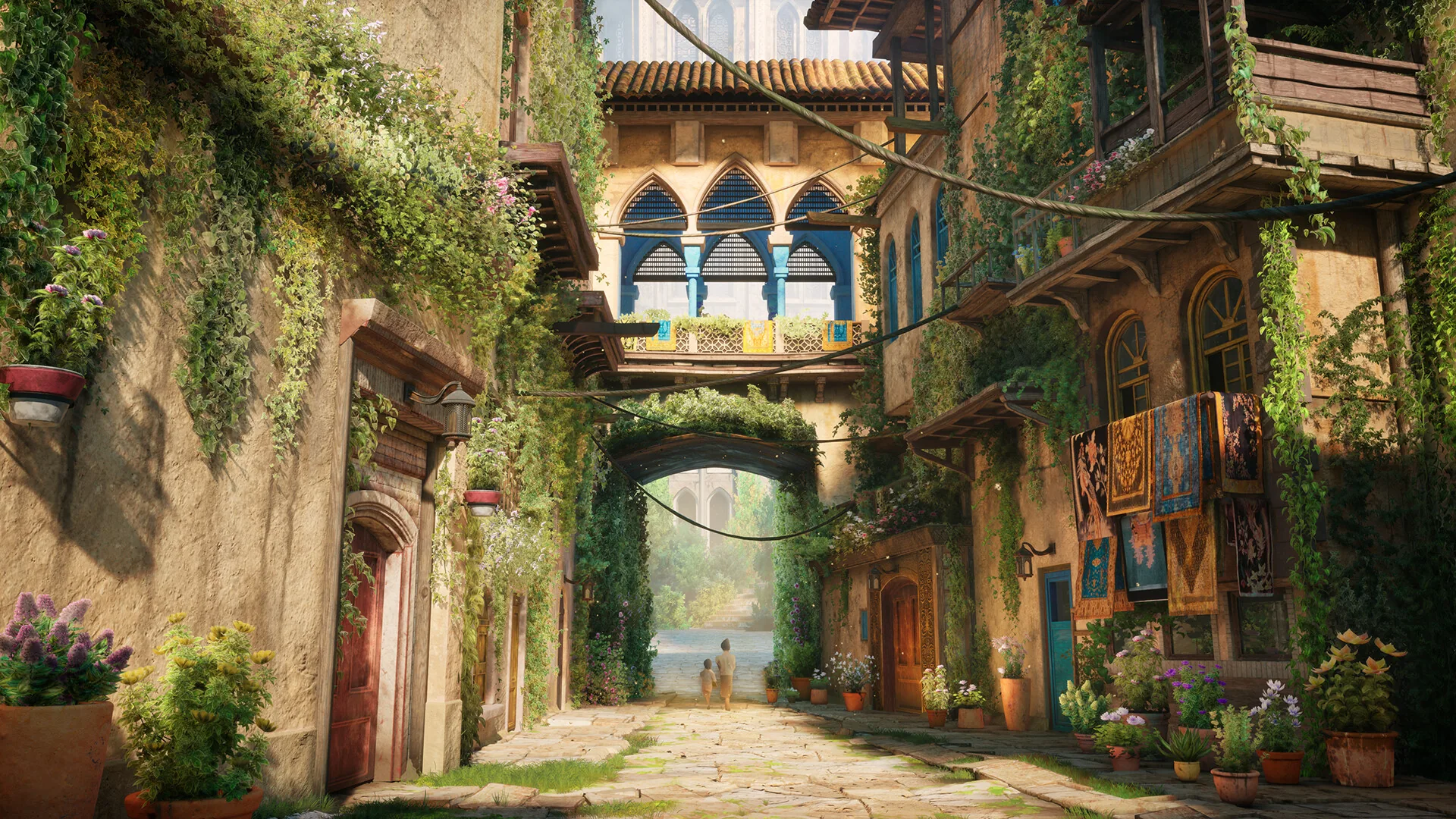 Уютная городская сцена в Unreal Engine 5 с пышной растительностью и старой архитектурой