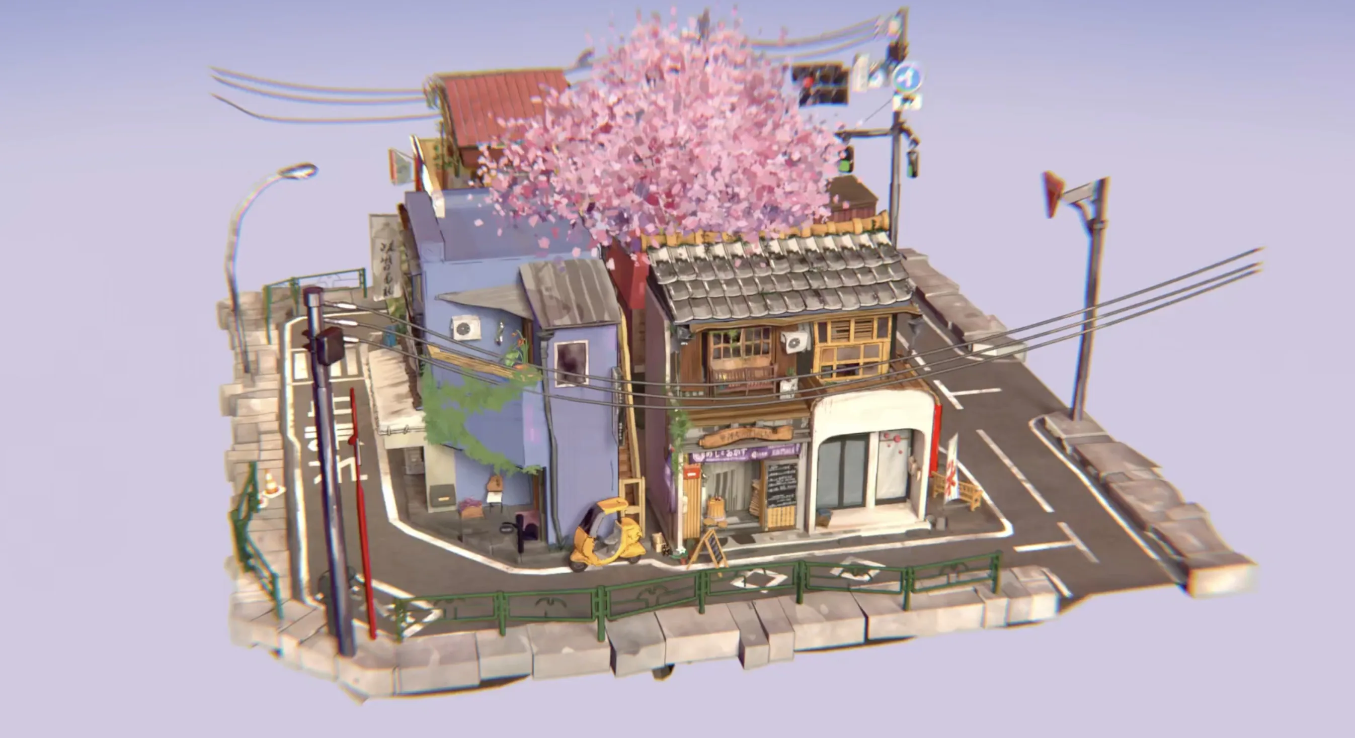Создание анимированной диорамы Токио в 3D с использованием 2D-элементов в Blender