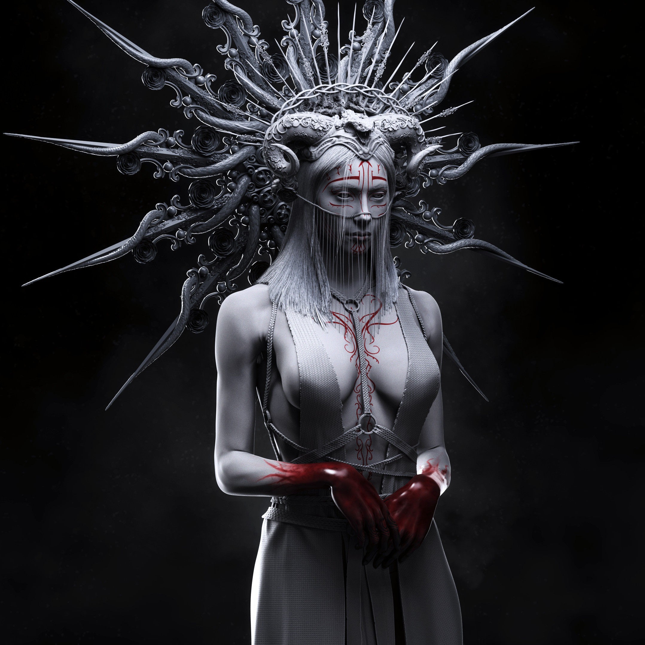 Кровавая 3D-женщина, вдохновлённая традиционными шаманскими ритуалами