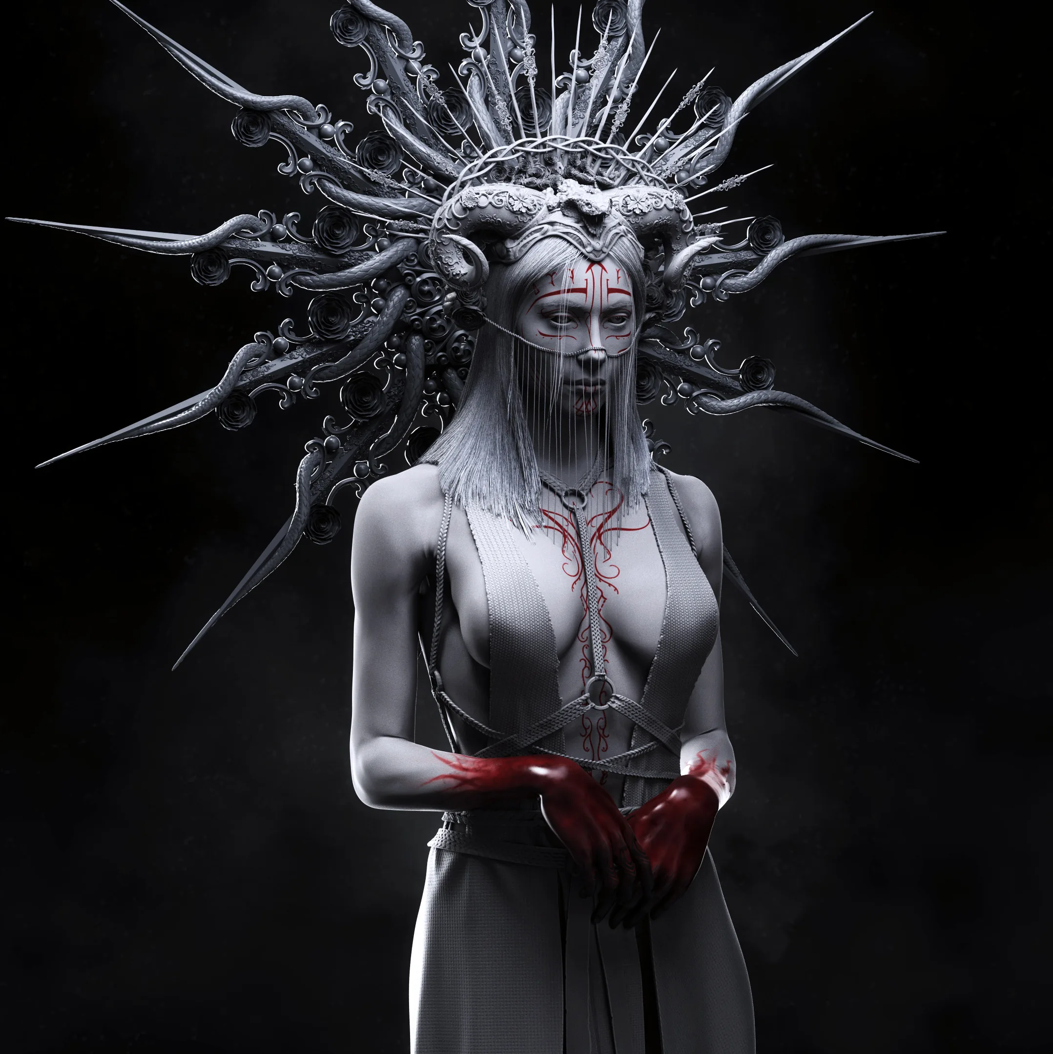 Кровавая 3D-женщина, вдохновлённая традиционными шаманскими ритуалами