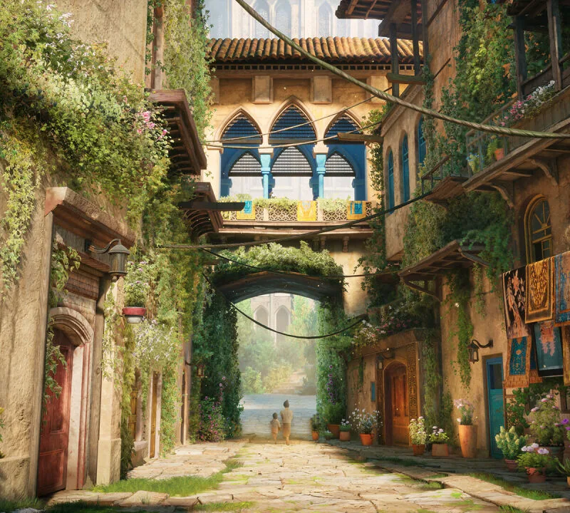 Уютная городская сцена в Unreal Engine 5 с пышной растительностью и старой архитектурой