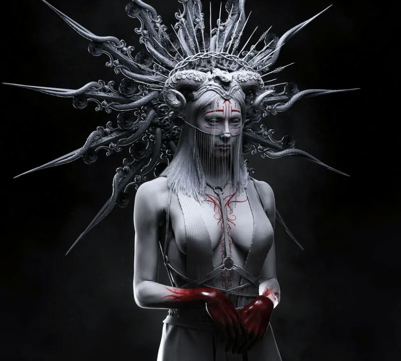 Кровавая 3D-женщина, вдохновлённая традиционными шаманскими ритуалами