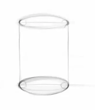 Drawing a cylinder with a pencil: two ellipses on a common axis, the bottom one is wider than the top one.