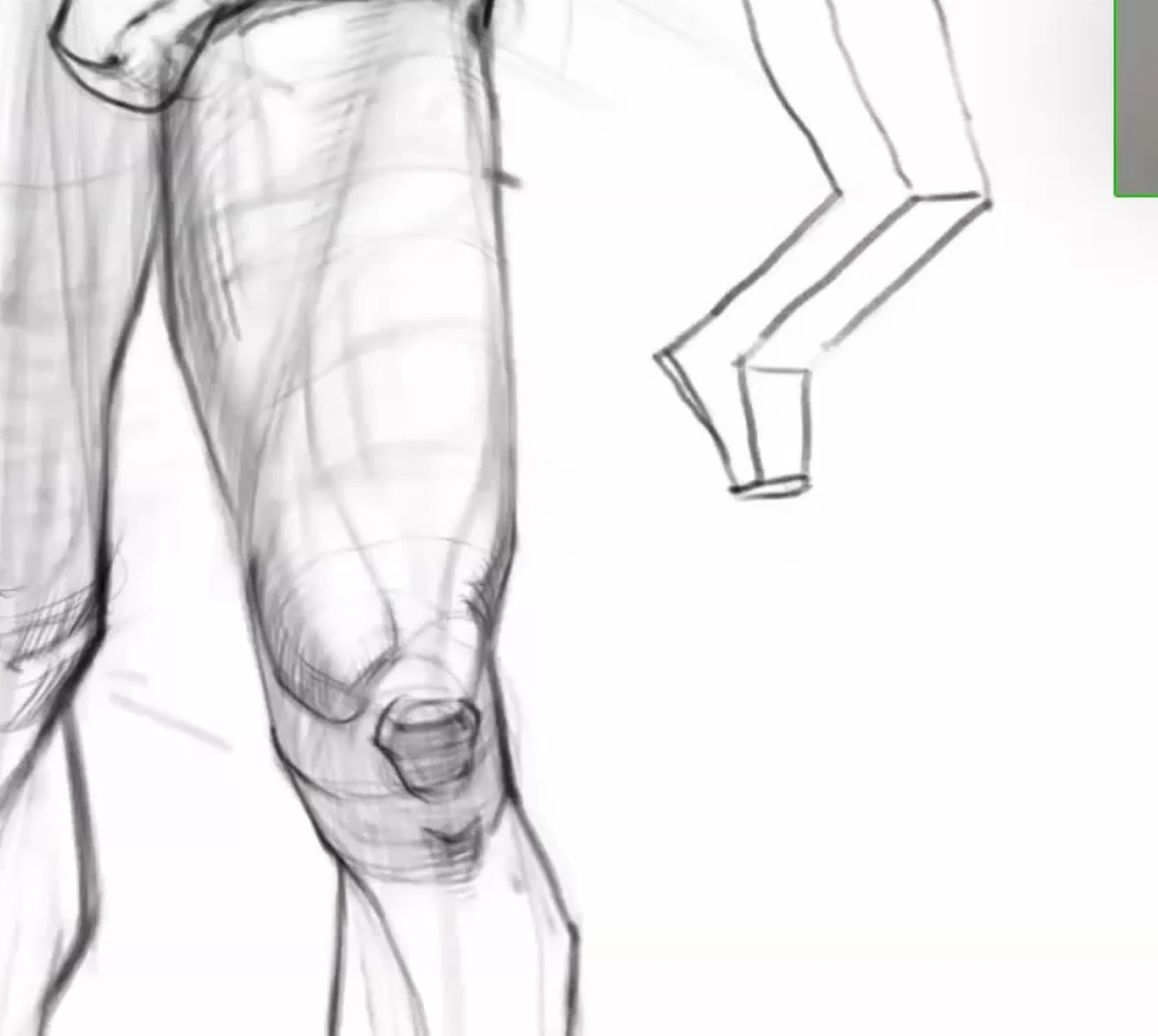 Finished drawing of legs with tone and elaboration of the knee joint