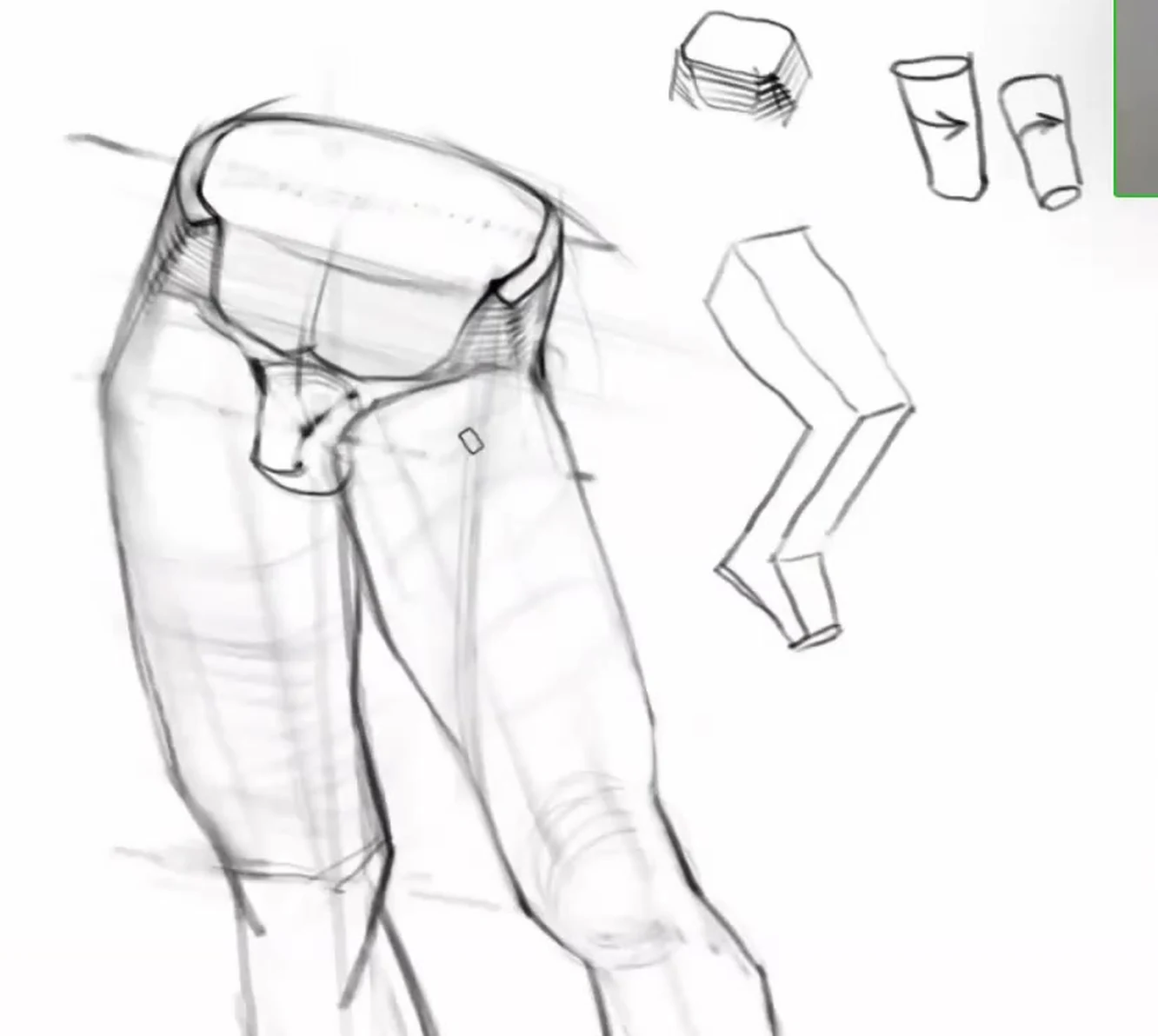 Constructing the silhouette of the legs: thigh, shin, knee