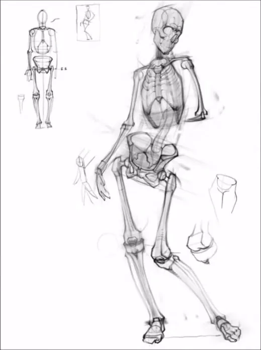 Finished drawing of a human skeleton in a dynamic pose