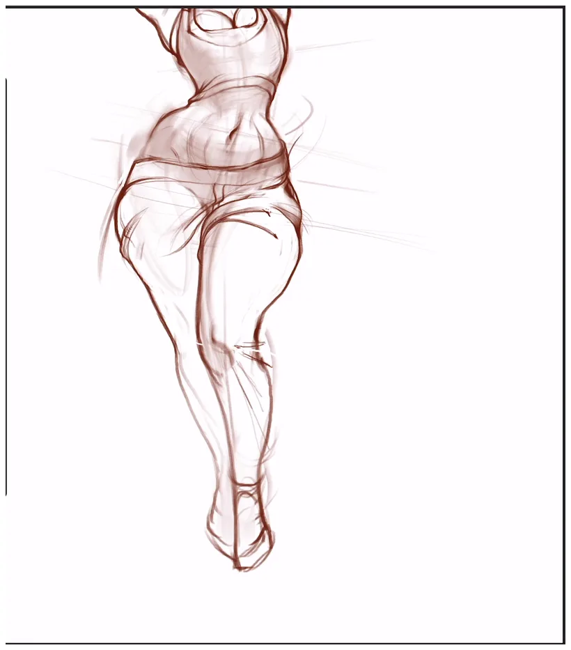 The rhythm of folds on the legs from the tension point.